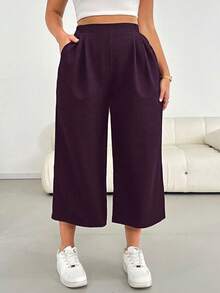 SHEIN Essnce Quần ống rộng dáng lửng, thoải mái, thoáng khí, màu đen, chất liệu vải có họa tiết, cạp chun, thích hợp mặc đi làm, đi sân bay cho nữ, phù hợp cho mùa xuân và hè. - Màu tím - Xem 1