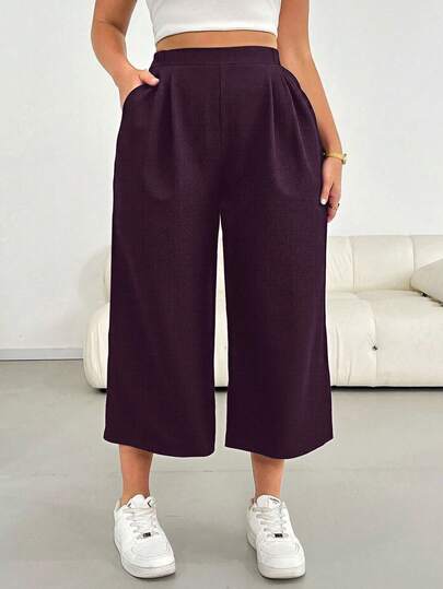 SHEIN Essnce Pantalones anchos de tela texturizada elástica de cintura ancha, cómodos y transpirables, para uso diario, de moda casual para primavera y verano, para mujeres de talla grande. Pantalones capri, pantalones holgados, atuendos para salir, pantalones de trabajo, atuendos para el aeropuerto para mujeres.
