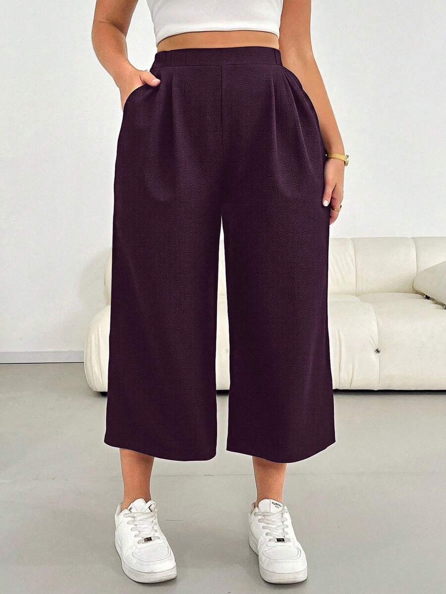 SHEIN Essnce Quần ống rộng dáng lửng, thoải mái, thoáng khí, màu đen, chất liệu vải có họa tiết, cạp chun, thích hợp mặc đi làm, đi sân bay cho nữ, phù hợp cho mùa xuân và hè. - Màu tím - Xem 1