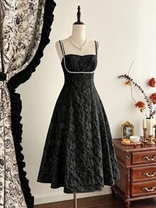 Vintamour Đầm nữ cổ điển thanh lịch, đầm jacquard ôm dáng mùa xuân/hè, đầm đính ngọc trai, đầm hai dây, đầm xòe, màu trắng sữa. - màu đen - Xem 3