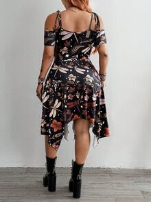 Whyspr Women's Plus Size Punk Witch Grunge Style Dress, Vintage Brown Floral Print Mesh Ribbon Decor A-Line Maxi Dress, Loose Fit Summer Boho Holiday Outfit - Multicolor - View 2