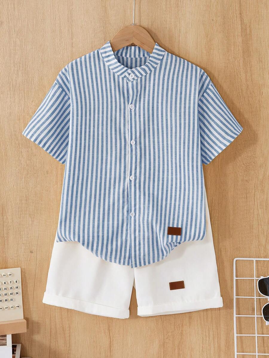SHEIN Vintaside Kids 青少年男童通勤休闲条纹纹理立领衬衫和条纹短裤两件套,舒适时尚 - 彩色 - 查看 1