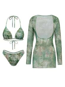 Bonvoyette Đầm hè mới 2026, trang phục đi nghỉ mát, dự tiệc, đi biển, bikini 3 mảnh màu xanh lá cây dành cho nữ, dây mảnh, hở lưng, gợi cảm, thích hợp cho kỳ nghỉ biển. - màu xanh lá - Xem 4
