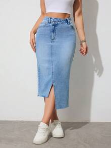 SHEIN Tall 女士高腰开衩牛仔中长裙，休闲夏季优雅外出穿搭，时尚百搭，带口袋，拉链设计，不对称下摆，夏季牛仔裙 - 淺色水洗藍 - 查看 8