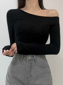 DAZY Solid Asymmetrical Neck Tee Long Sleeve Women Tops - Black - View 2