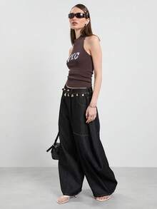 COUREZ Baggy Balloon Jeans With Contrasting Stitching Y2K Streetwear Summer Bottoms Jeans For Women Rave Everyday Going Out - Black - View 7