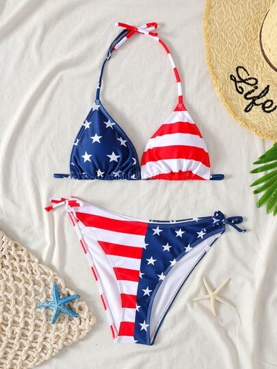 SHEIN 少女美国国旗7月4日印花吊带泳衣，适合海滩度假游泳