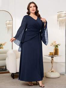 Reflora Plus Size Women V-Neck Faux Pearl Decor Ruched Casual Elegant Party Dinner Formal Wedding Guest Dress Navy Blue Autumn Fall - Navy Blue - View 4