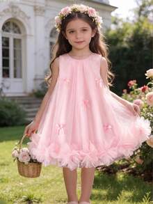 SHEIN Elladie kids 1件装女童夏季无袖银箔装饰连衣裙，甜美可爱风格，优雅海滩度假装扮 - 粉色 - 查看 1