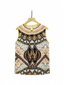 SHEIN Clasi Conjunto de 2 piezas de top de cuello redondo casual y pantalones de pierna ancha para mujer - Multicolor - Ver 2