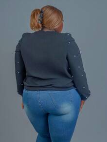 CurvyTilda كنزة سويت شيرت نسائية بأكمام طويلة عمليقية أنيقة مزينة باللؤلؤ وياقة مستديرة مقاس كبير, خريف/شتاء - الأسود - مشاهدة 2