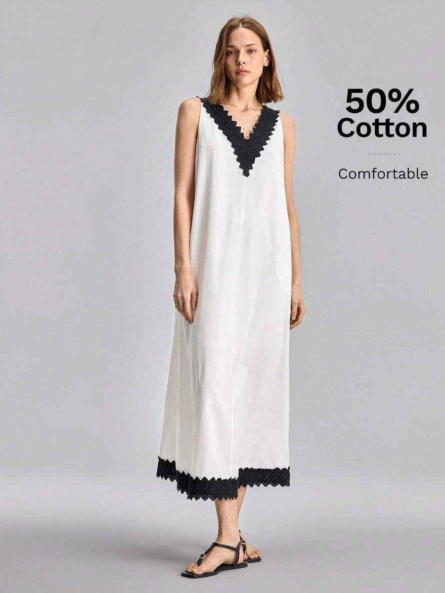 Ontre 2026SS New Summer Women Black And White V-Neck Lace Trim Dress, Elegant Graduation/Vacation/Beach Vacation/Music Festival Dress For Ladies - White - View 1