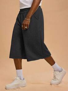 SHEIN Forever 21 Quần short nam màu xám dáng rộng, dài đến giữa bắp chân, không viền; thích hợp mặc hàng ngày. Quần short thể thao nam, quần short rộng thùng thình nam, quần short phong cách đường phố nam, quần short rộng nam. - Màu xám đen - Xem 4