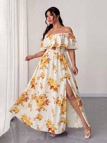Elenzga Plus Size Women's White Summer Boho Flowy Tea Party Holiday Floral Print Dress,Off-Shoulder Ruffle Waist Pleated Maxi Dress For Dates - Multicolor - View 6