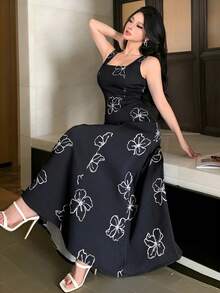 DAZY Đầm denim không tay cổ vuông in hoa thanh lịch dành cho nữ, đầm hè chống nắng cho nữ - màu đen - Xem 5