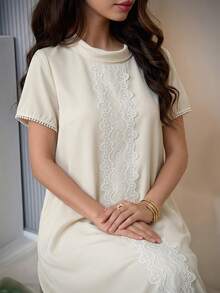 Al Najma Summer Short Sleeve Floral Lace Patchwork Dress, Loose Fit Arabic Style For Women - Apricot - View 5
