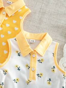 SHEIN 2件/套 女童夏季可愛馬卡龍黃色無袖 Polo 領荷葉邊裙襬圓點印花美人魚裙 休閒運動風 適合公園散步 - 黃色 - 查看 5