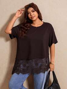 Elaquor Plus Size Summer Minimalist Contrast Lace Asymmetric Hem Short Sleeve T-Shirt - Coffee Brown - View 5