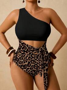 Travachic Plus Size Retro Leopard Print Contrast Color One-Piece Swimsuit, Beach Bathing Suits For Women One Piece Swimsuit Women - Multicolor - View 1