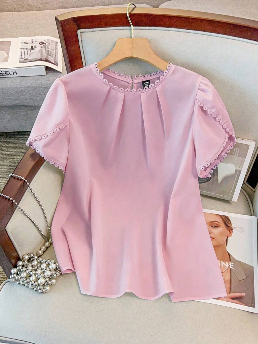 GlowEve CURVE Women's Elegant Casual Solid Color Lace Patchwork Ruffle Collar Petal Sleeve Blouse - Pink - View 1