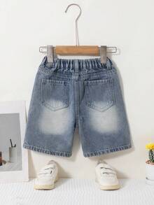 Young Boy Summer Casual Street Style Ripped Distressed Elastic Waist Light Blue Denim Shorts,Comfortable Cotton Fabric,Versatile For School & Daily - Medium Wash - View 3