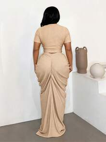 Maweii Plus Size Sexy Fitted Beach Ruched Skirt Set - Khaki - View 5