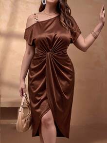 Levarali Plus Size Elegant Sexy Chocolate Brown Summer Dress For Curve, Asymmetrical Shoulder Sequin Embellished Strap Ruched Tulip Hem Cocktail Party Slit - Brown - View 3