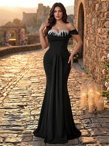 Aureia Đầm dạ hội cỡ lớn sang trọng, thanh lịch, đính cườm, dệt kim, phối sequin, xếp ly eo, vạt đuôi cá, dây buộc cổ có thể tháo rời, phù hợp cho mọi dịp trang trọng. - màu đen - Xem 2