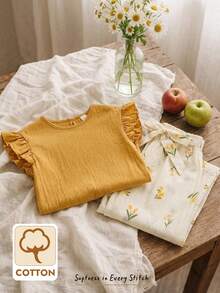 Cozy Pixies Conjunto de 2 piezas para bebé niña con top sin mangas de cuello redondo con volantes y pantalones de cintura elástica de unicolor - Amarillo - Ver 1