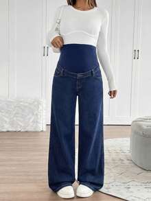 SHEIN Pantalones vaqueros de pierna ancha con cintura elástica para uso diario y comodidad, con estilo casual, elegante y apropiado para diferentes ocasiones como carnaval, vacaciones, graduación, fiesta, boda, negocios y playa, para mujeres embarazadas - Azul - Ver 3
