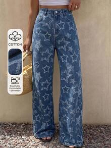 Livesso Jeans rectos y holgados de mujer con estampado floral y de estrellas, adecuados para verano, otoño, primavera, uso casual y de oficina - Azul lavado oscuro - Ver 1