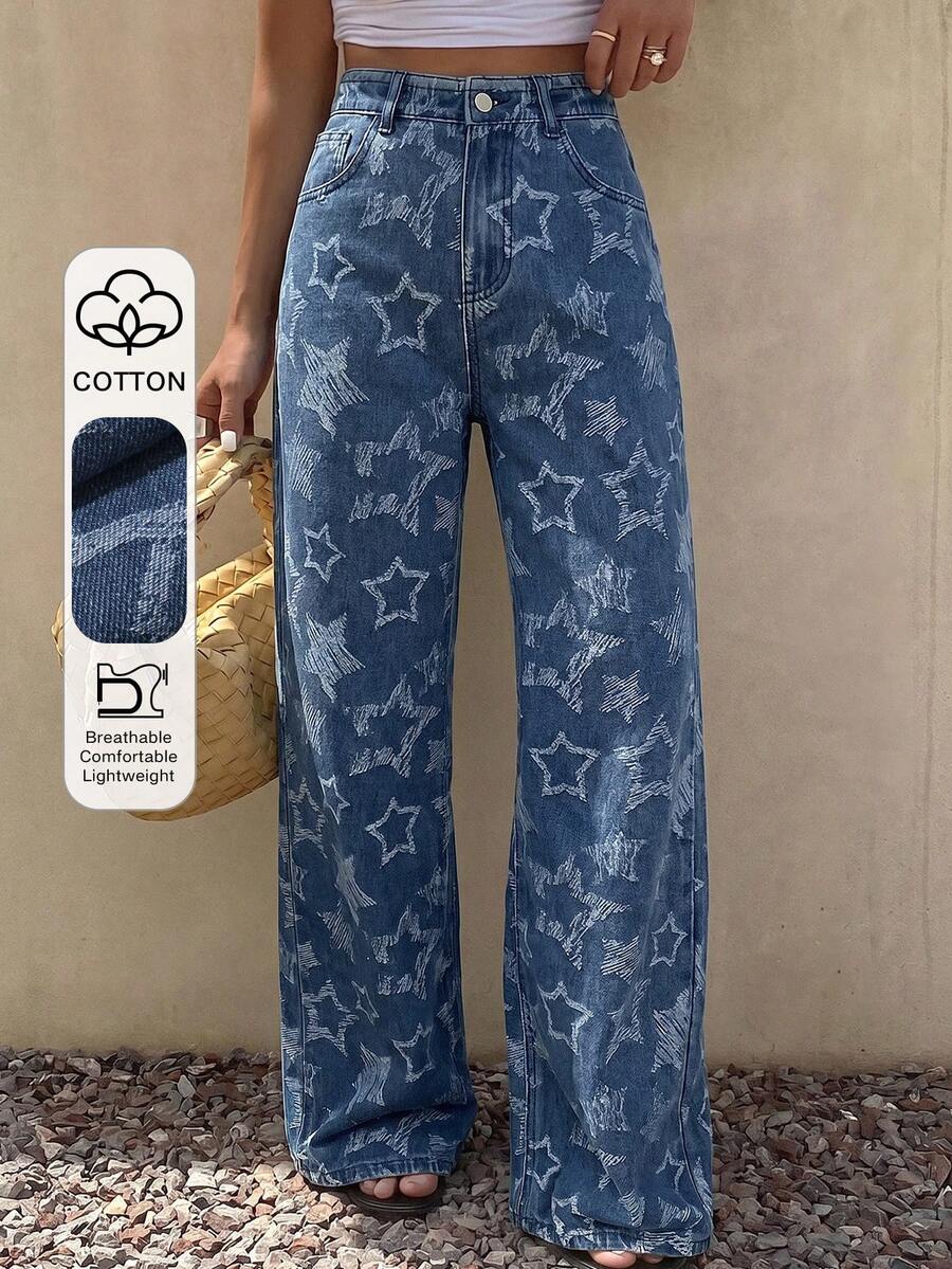 Livesso Jeans rectos y holgados de mujer con estampado floral y de estrellas, adecuados para verano, otoño, primavera, uso casual y de oficina - Azul lavado oscuro - Ver 1