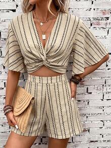 SHEIN Clasi Women's Striped Print Holiday Short Sleeve Shorts Set, Summer Vacation Beige Boho - Khaki - View 5