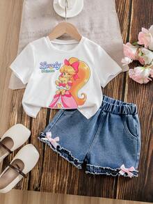 Bộ 2 món cho bé gái, gồm áo thun ngắn tay cổ tròn in hình công chúa và quần short denim cạp chun xếp ly, chất liệu cotton mềm mại, nhẹ, thời trang không thể thiếu cho bé gái, phù hợp mặc mùa xuân/hè, mặc hàng ngày, đi chơi, dự tiệc, sản phẩm mới mùa hè 2026. - trắng - Xem 1