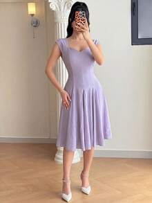Feyla Women's Elegant Solid Color Waist Cinched Short Dress For Commuting, Summer - Purple - View 5