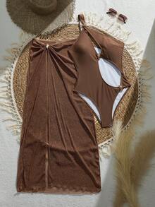 Bonvoyette 2pcs/Set Chocolate Brown Solid Color Halter Hollow-Out One-Piece Swimsuit Metallic Decor Half Skirt Elegant Sexy Breezy Women Swimwear Set - Brown - View 5