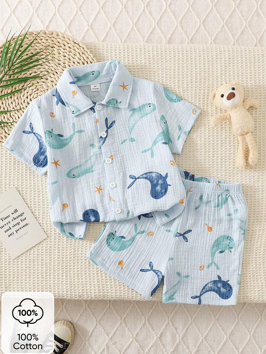 SHEIN Vintaside Kids 男童休闲度假可爱海豚印花短袖衬衫和短裤两件套,海岛风情海滩周末装扮,优雅服饰,适合外出、度假、拍照,2026春夏新款,日常百搭 - 薄荷藍 - 查看 1