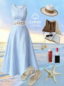 Elenzga Đầm nữ mùa hè mới, kiểu dáng thanh lịch, chất liệu cotton, phối ren tương phản, họa tiết sọc xanh dương, không tay, eo thon. - Màu xanh lam - Xem 3