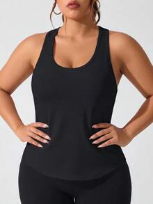 Easithlete Top deportivo de tirantes anchos de unicolor para mujer de talla grande - Negro - Ver 4