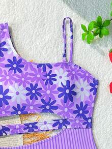 SHEIN Tween Girls Colorblock Floral Print Asymmetric Neck Hollow Waist One-Piece Swimsuit - Purple - View 3