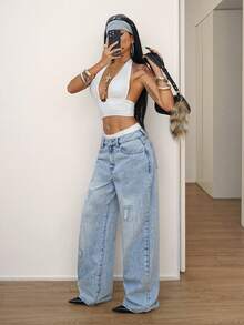 StreetHx Quần jeans ống rộng cạp thấp thêu họa tiết, phong cách đường phố thường ngày, thời trang. - Rửa nhẹ - Xem 3