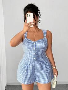 Elenzga 2-teiliges Damen-Set in Große Größen, sexy Urlaubs-Look, blau kariertes Camisole-Top und Shorts mit elastischem Bund und asymmetrischem Saum - Blau - Übersicht 4