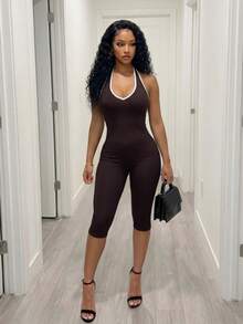 BamGleam Bộ jumpsuit ôm sát gợi cảm không đường may SHEIN, kiểu cổ yếm hở lưng, cổ chữ V sâu. - Màu nâu  Mocha - Xem 3