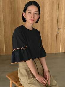 FRIFUL Women's Casual Contrast Color Pleated Daily Wear T-Shirt - Black - View 4