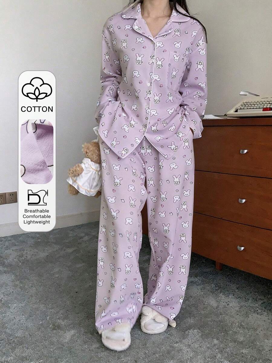 DAZY 2pcs Cute Rabbit Print Full-Print Long Sleeve Long Pants Pajama Set, Women Spring Sleepwear Outfit - Mauve Purple - View 1