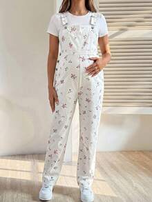 SHEIN Bộ áo liền quần họa tiết hoa nhí dành cho bà bầu - trắng - Xem 8