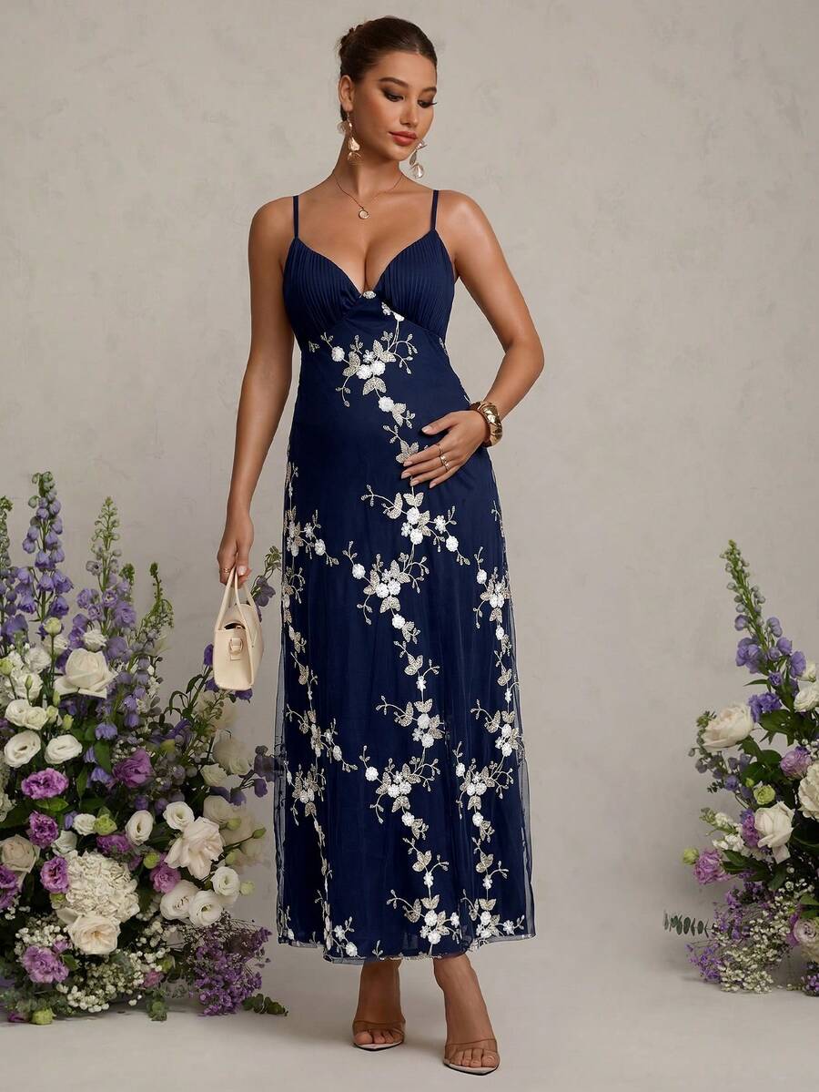 MaterniChic Vestido de maternidad elegante con tirantes bordados para vacaciones - Azul Marino - Ver 1