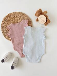 2件套新生女宝宝可爱纯色荷叶边连体衣套装，夏季 - 霧霾藍 - 查看 2