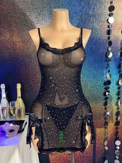2pcs Sexy Lace Contrast Mesh Nightgown Set,Sexy Lingerie For Women,Adult ,Honeymoon,Hot,Date Night,Lingerie,Lace Sexy Lingerie,Lingerie Set,Sexy Outfit