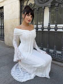 Marta Soriano Women's Elegant Off Shoulder White Lace Long Sleeve Maxi Mermaid Dress, Suitable For Wedding, Party, Bridesmaid Dress,White Graduation Dress,Valentine's Day,Valentine Outfits For Women - White - View 5